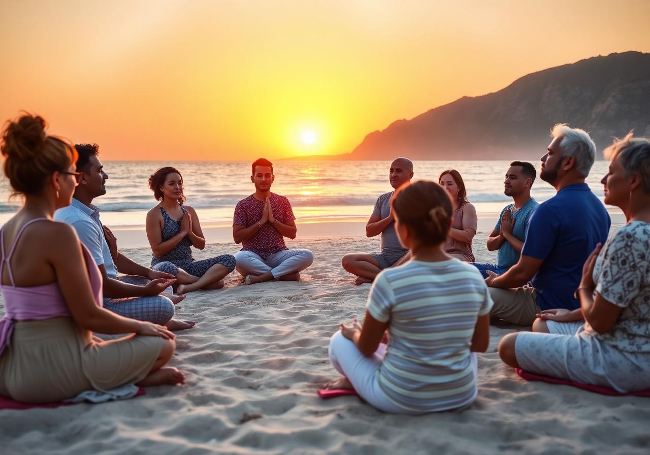 Group breathwork circle on the beach at sunset